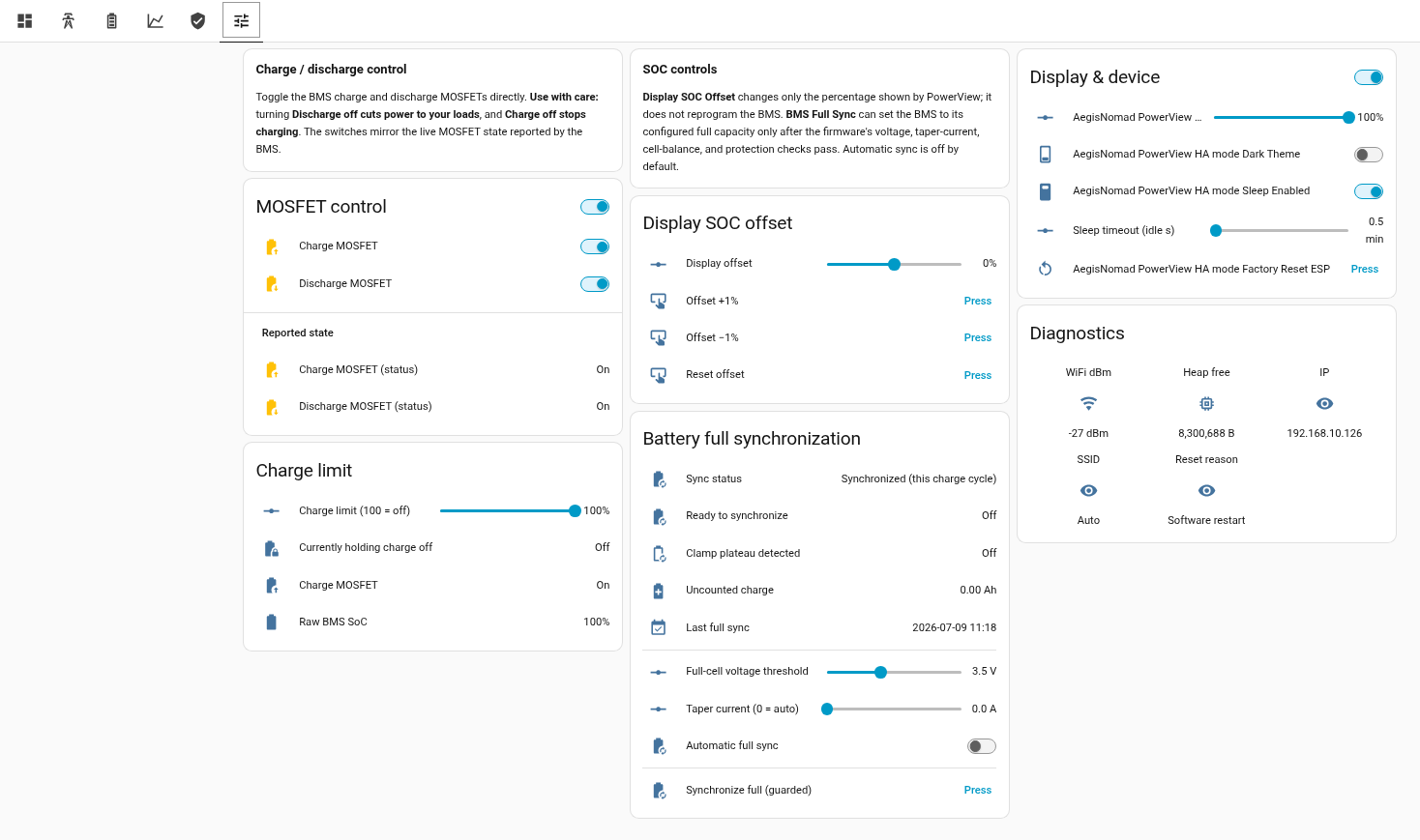 Home Assistant charge/discharge control switches, calibration and diagnostics